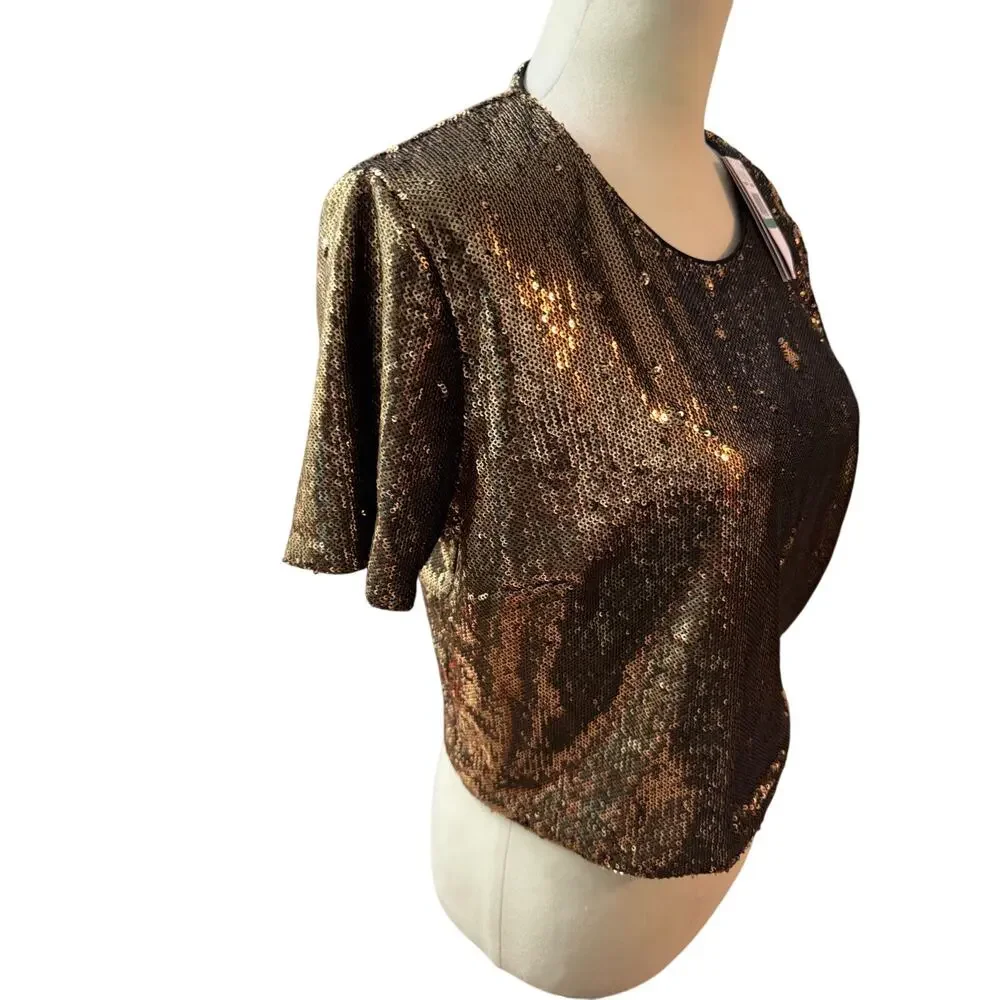 Michael Kors Antique Gold Sequin Short Sleeve Crew Neck Top, Women's Medium, NWT
